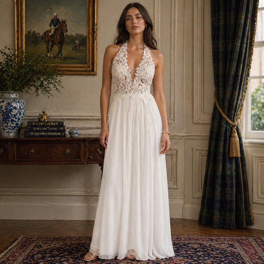 SHERRI HILL Women's Ivory Lace Halter Maxi Dress 6 Beaded Formal Bridal Prom